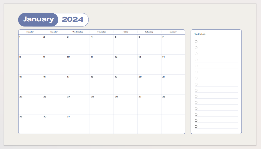 A monthly of Calendar Templates. | This is 2024 monthly calendar template with an added feature for planner – a To-Do List section on the right-hand side, and convenient for recording important tasks for the month.